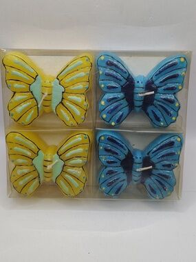 Vintage Set of 4 Decorative Butterfly Candles - Yellow & Blue. New In Package.